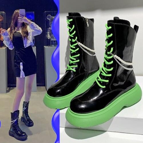 Boots Women 2021 New Knight Boots Side Zipper Patent Leather Ankle Boots Are Thin Green Bottom Leather Shoes Women
