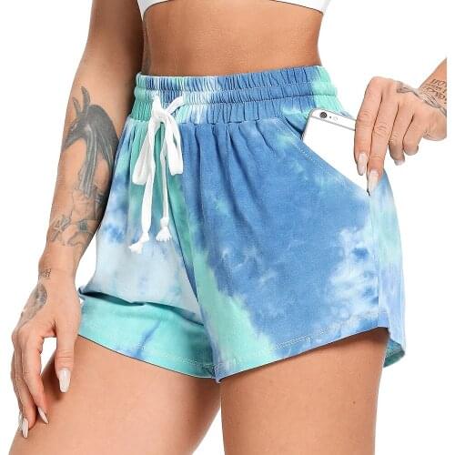 Women Casual Shorts Tie Dye Athletic Short Elastic Waist Drawstring Yoga Leggings With Pockets Beach Shorts Plain Lounge Pants
