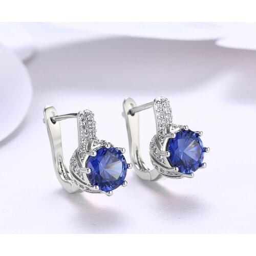 Luxury Female Blue Purple Cubic Zircon Stud Earrings Women Rose Gold Color Earrings For Female Silver Color Jewelry Wholesale