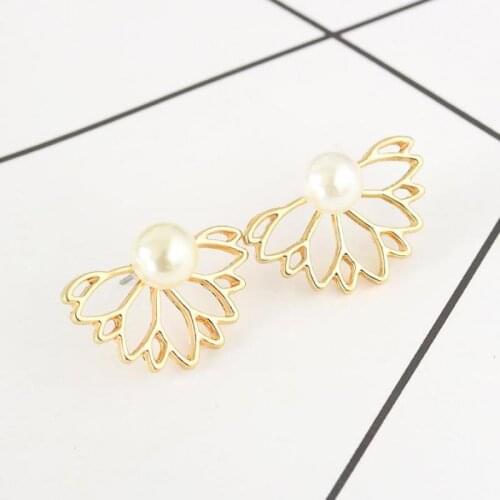 Imitation Pearl Flower Earrings For Women New Metal Earing Jewelry Creative Hollow Lotus Crystal Gold Silver Color Stud Earrings