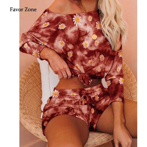 Little Daisy Print Women Outfits Slash Neck Long Sleeve Tshirt Drawstring Shorts Two Piece Sets Casual Tracksuit Womens Suits