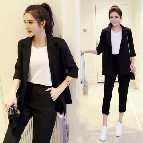 Set female 2018 spring and summer new style temperament fashion black small suit + nine trousers elegant leisure two-piece