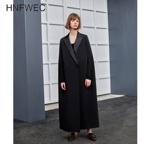 2020 autumn double fabric patchwork high street single-breasted ankle-length black notched collar cloak coat famale K497