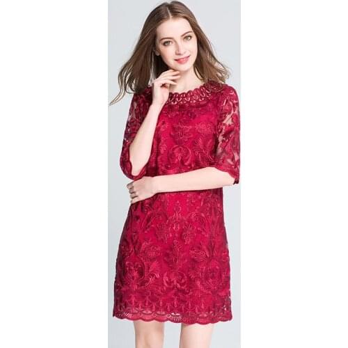 Plus size L-5XL ladies summer new fashion elegant embroidery lace five-point sleeve a word dress Big yards brand women dresses