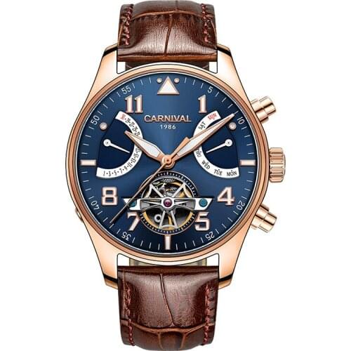 Carnival Men Automatic Watch Flying Wheel Date Day Mechanical Tourbillion Watch Luxury Gift