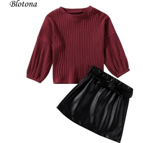 Blotona Little Girls Trendy 2Pcs Set , Kids Solid Color Ribbed O-Neck Puff-Sleeve Pullover Tops +Short Leather Skirt Set1-6Years