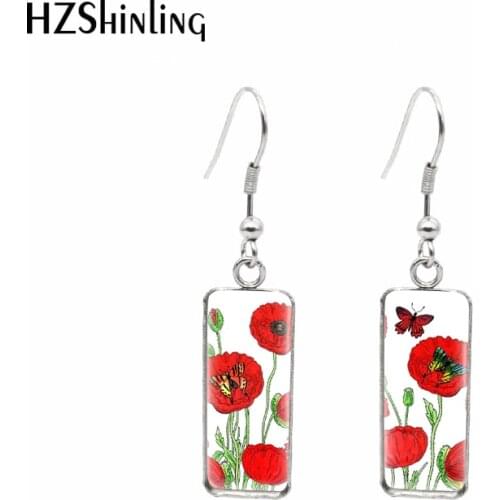 2021 New Butterflies and Poppies Rectangular Earring Butterfly Art Fish Hook Earrings Glass Cabochon Handmade Jewelry