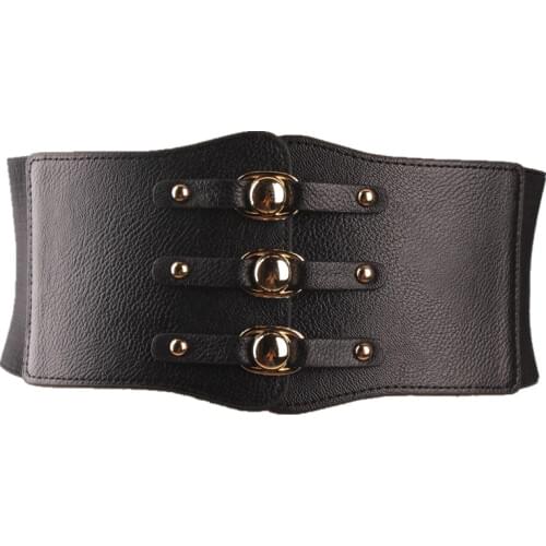 New Fashion Lady Red Waist Belt Extra Wide Corset Gold Metal Ring Dress Cummerbund Black PU Leather Elastic Waistband For Skirt