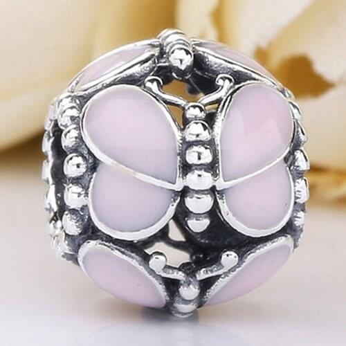 Original Pink Enamel Vintage Openwork Butterfly Beads Fit 925 Sterling Silver Bead Charm Bracelet Bangle Diy Jewelry