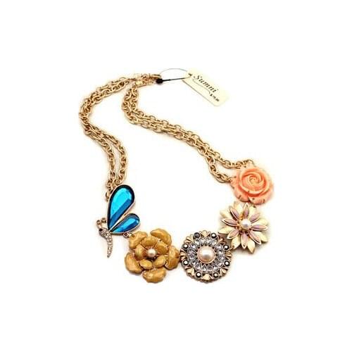 High Quality Gold Color Alloy Pearl Blue Butterfly Flower Necklaces & Pendants Double Layer Necklaces Collar Women Jewelry