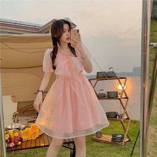 Dresses Women Girl In Pink Fluffy Dress with Net Gauze Fluffy Sleeves Super Fairy Summer Gentle Wind