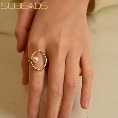 Subeads 925 Sterling Silver Round Pearl Open Ring For Women Party Irregular Hollow Out Adjustable Finger Rings Fine Jewelry