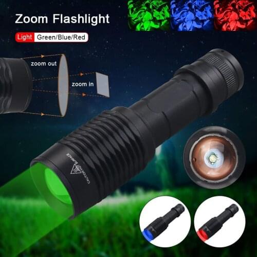 Outdoor Tactical Green/Red/Blue Light Zoomable LED Flashlight For Fishing and Hunting 18650 Battery with Remote Pressure Switch
