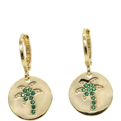 2021 Gold filled summer beach jewelry circle Green white cz paved palm tree dangle earring for women girl fashion charm earrings