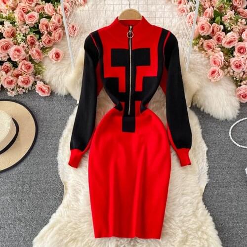 Womens Autumn Winter New Basal Sweater Dress Long-sleeved Zipper Half-high Collar Color Matching A-line Knit Long Dress ML390