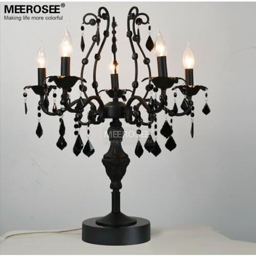 5 Lights Vintage Black Crystal Table Lamp Desk Light Fixture Cristal Lustre de cristal Candelabra for Reading room Bedroom Decor