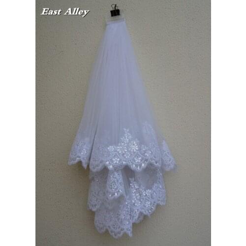 White or Ivory 2 Layer Lace with Sequins Wedding Veil Elbow Length Bride Veil