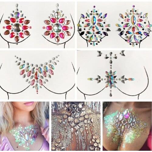 Shiny 3D Round Gem Chest Fake Tattoo Sticker Bright Acrylic Resin Drill Jewels Nipple DIY Paste Crystal Ornamentg Styling Tools