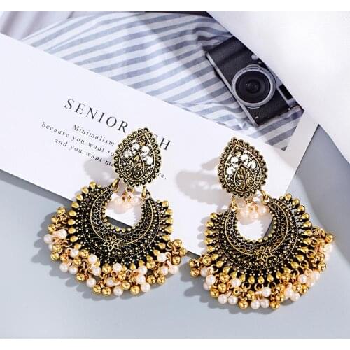 Bohemian Retro Style Water Drop Hollow Pop Earrings Gold Color Alloy Pendant Pearls Tassel Earrings 2020 Indian Jewelry Gift