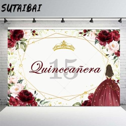 Sweet Fifteen Quinceanera Backdrop Princess 15th Birthday Party Red Floral Gold Dots Photography Background Photo Studio Props