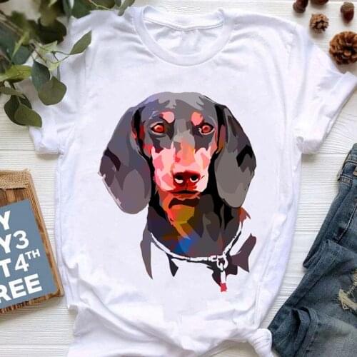 Playful Dachshund Printed T Shirt Women Summer Clothes Top Female White T-Shirt Femme Cool Dog Tshirts Tees Designed