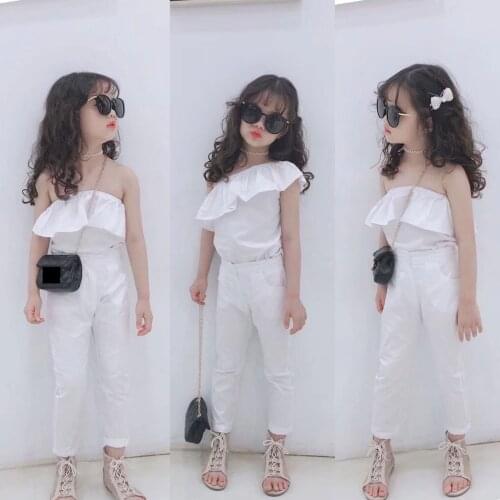 Two Piece Set Girls Kids White Off Shoulder Shirt + Pants High Waist Capris Streetwear Ruffles Open Back Outfits Toddler Baby