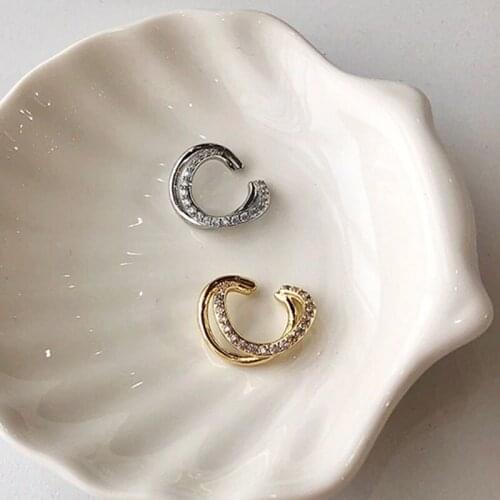 Korean Gold Silver Color Double Circle Crystal Earcuff Fake Piercing Earrings for Women Chic Ear Cuff Clip on Jewelry