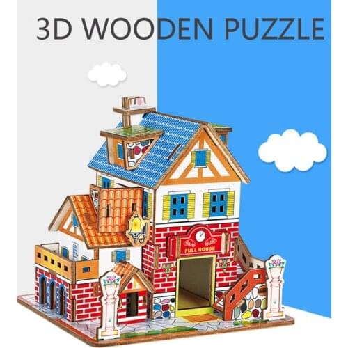 Laser Cutting 3D Wooden Puzzle House Model Puzzles DIY Assembly Kit Stickers Car Puzzle Education Toys for Kids 11 Kinds