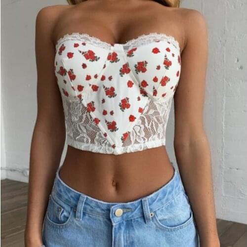Summer Women Off Shoulder Tube Tops Floral Lace Hem See Through Vest Sexy Back Bandage Crop Top Corset Strapless Tank Top