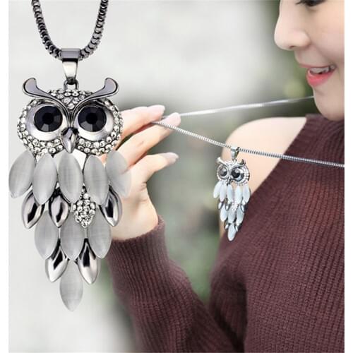 Fashion Alloy Opal Pendant Necklace Women Choker Lady Girl Owl Pendant Necklace Long Sweater Necklace Accessories