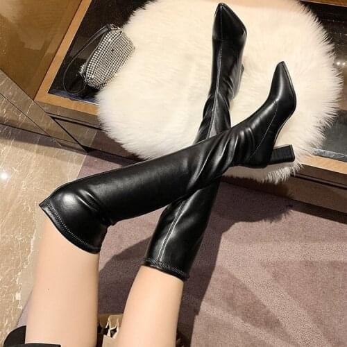 New Womens Top Resiliency Pu Leather Over The Knee Boots Slip on Thick High Heel Platform Thigh Boots Ladies Fashion Shoes jk8