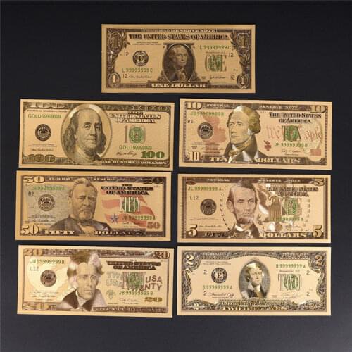 7Pcs/Lot Gold Plated US Dollar Fake Paper Money Banknotes Crafts For Collection Home Decor