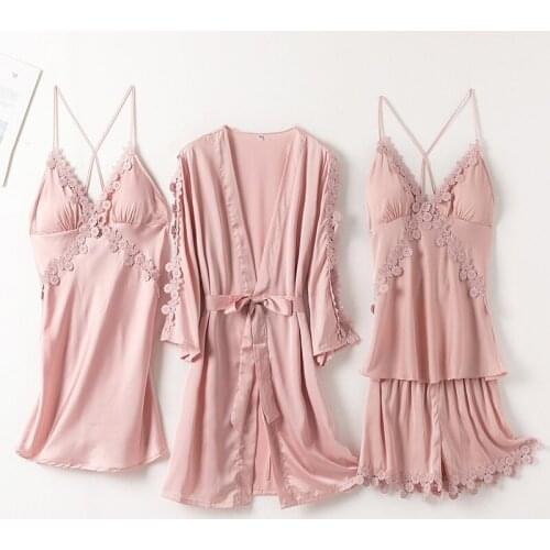 Pink Women Robe Set Nightgown Sleepwear Lady Summer New Silky Nightwear Kimono Bathrobe Gown Lace Intimate Lingerie Homewear