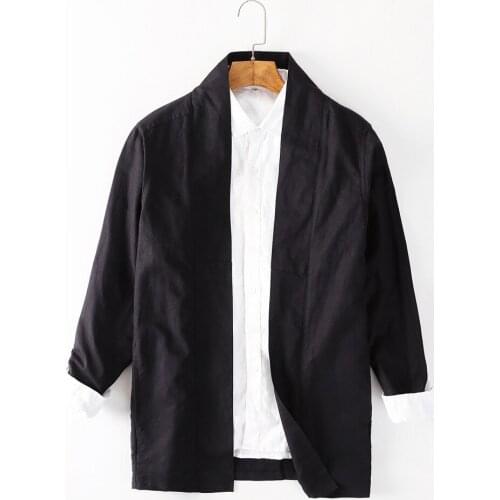 Men Loose Long Japanese Style Shirt Cute Retro Vintage Black Long Sleeve Tops Boys Summer Casual Cotton Linen Shirts Oversize