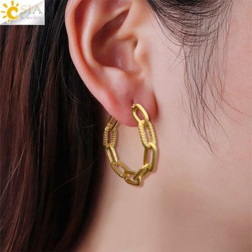 CSJA Hip Hop Twisted Link Chain Earrings Gold Color Round Cartilage Metal Earrings Luxury Jewelry for Party Wedding Gifts S717