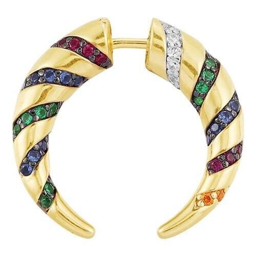SOELLE 1pc 925 Sterling Silver Yellow Gold Color Single Multicolor Stripes Crescent Moon Tribal Mono Earring Women Mana Jewelry