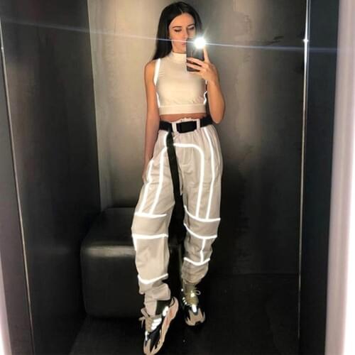 Hip Hop Harajuku Reflective Pants Casual High Waist Cargo Pants Women Joggers Khaki Ladies Trousers Cotton Streetwear