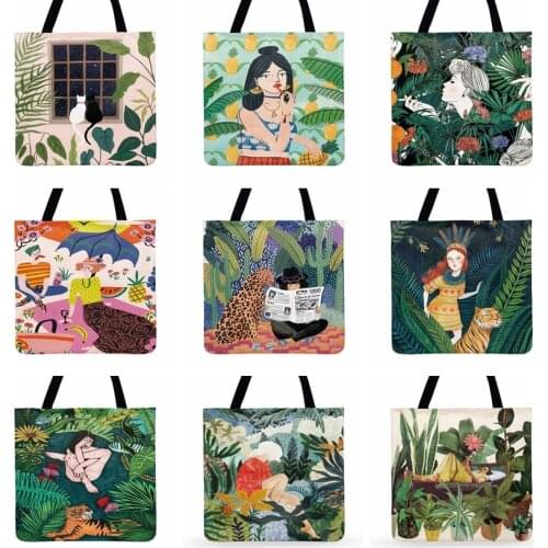 Fresh Tropical Rainforest With Girl Painting Printed Tote Bag For Women Casual Totes Fashion Shopping Bags Outdoor Beach Bags