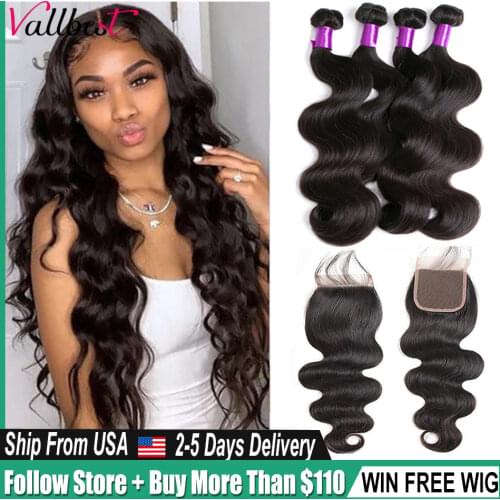 Vallbest Hair Peruvian Body Wave bundles With Closure Natural Black Hair Weave Remy Human hair 3 bundles Deals for Black Women