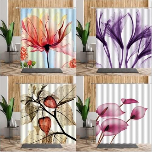 Transparent Flower Bathroom Shower Curtain Creative Floral Printed Home Decor Nordic Style Wall Hanging Fabric Bath Curtains Set