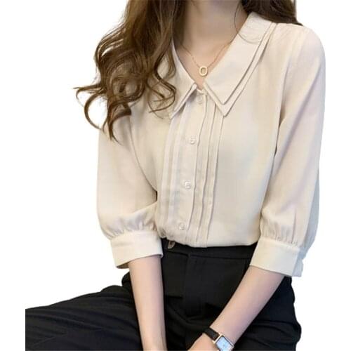 2021 Summer Korean Half Sleeve Peter Pan Collar Button Chiffon Women Blouse Shirts Tops Female School Uniform Girls Shirt ZY5625