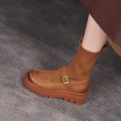 2021 Winter Platform Women Boots Genuine Leather Slip-On Round Toe Thick Heel Ankle Boots Women Shoes Flat with chunky boots