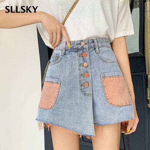 SLLSKY Fashion Patchwork Denim Women Shorts High Waist Zipper Fake two Female Jean Shorts Summer New Loose Plus Size Shorts