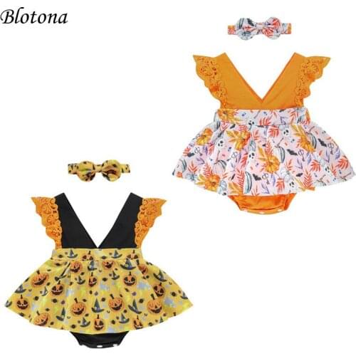 Blotona Baby Girls Casual Fly Sleeve Halloween Romper Fashion Pumpkin Printed Hem Jumpsuits and Headband, 0-24Months