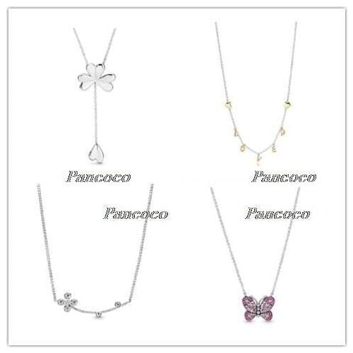 925 Sterling Silver Dazzling Pink Butterfly With Crystal Necklace For Women Wedding Party Pandora Jewelry