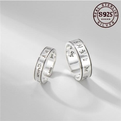 925 Sterling Silver Rings Six Word Truth Sanskrit Women Silver Ring Resizable Open Rings for Women Silver Jewelry Accessories