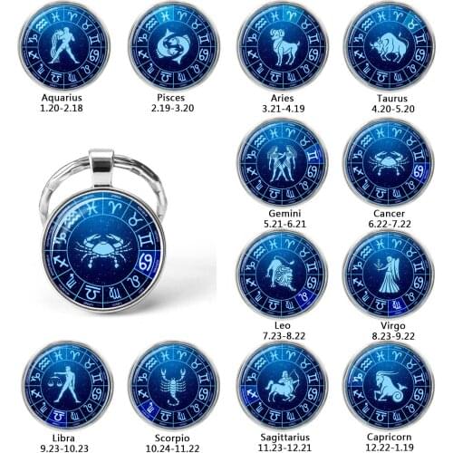12 Constellations Zodiac Signs Keychains Leo Cabochon Key Chains Ring Holder Fashion Jewelry Women Men Bag Pendant Keyrings Gift