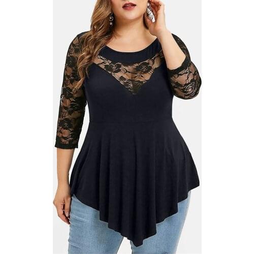 5xl Plus Size Lace Black Tops For Ladies 2021 Summer Office Women Solid Floral Lace O-neck Asymmetric Three Quarter Tops Blouse
