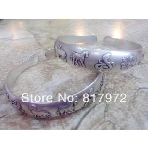 6pcs Wholesale Lucky twelve Chinese zodiac signs Tibetan Silver Bracelet Vintage Retro Cuff Bangle Gift Unisex charm Jewelry