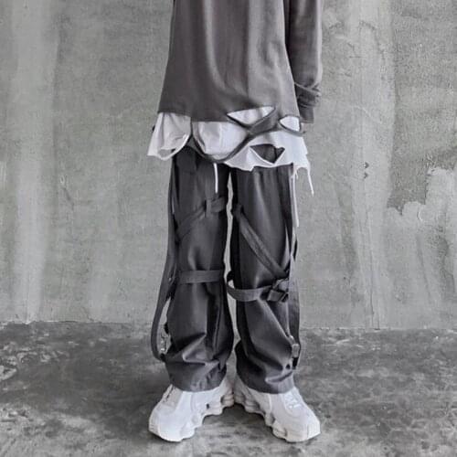 Men ribbons lace up hip hop cargo pants street punk straight trousers man Korean style vintage wide leg pants drop shipping